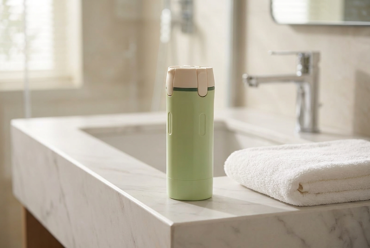 PackFour travel dispenser on a hotel bathroom sink